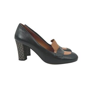 Chie Mihara Black Tan Leather Loafer Pumps Geometric Block Heel Shoes 41 / US 11